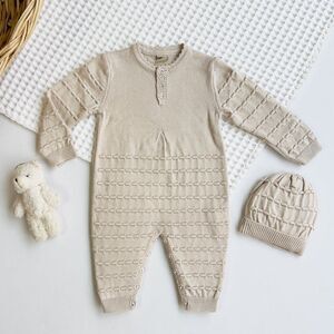 Baby Knit Jumpsuit with Applique and Beanie Jumper | 100% Cotton Fall Wi…